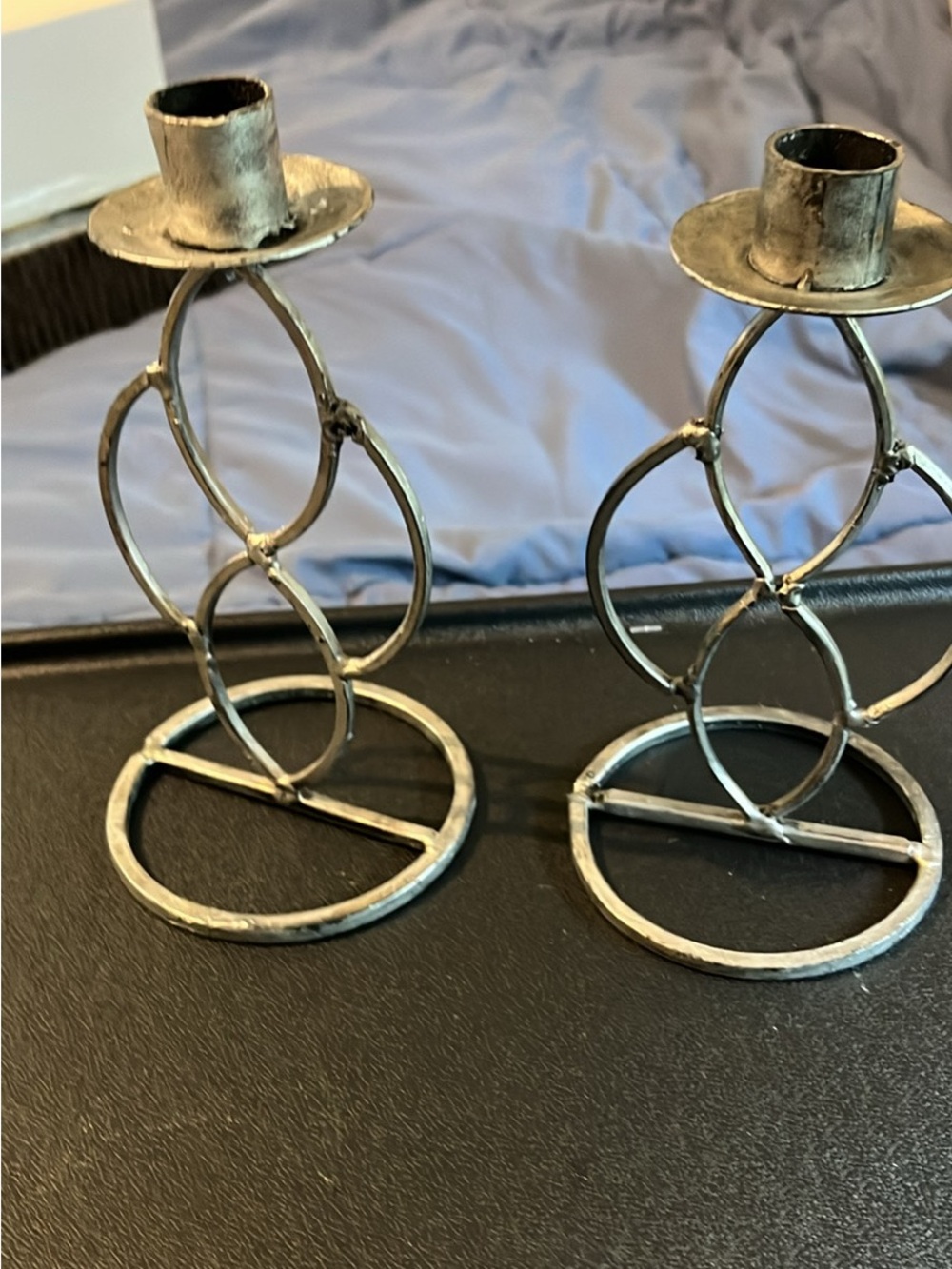 Double-Ring Metal Taper Candle Holders - Silver (Pair)